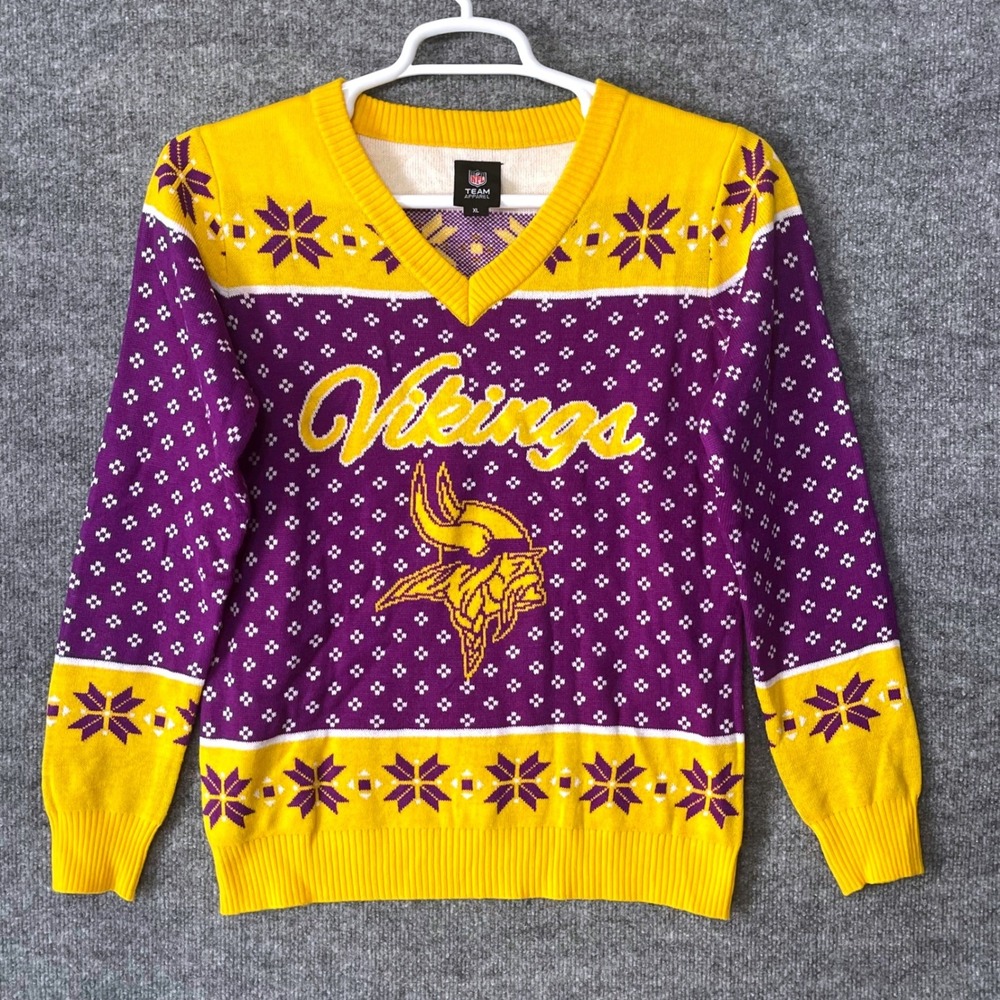 NFL Team Apparel Minnesota Vikings Purple Gold‎ Fair Isle V-Neck Sweater XL 5482